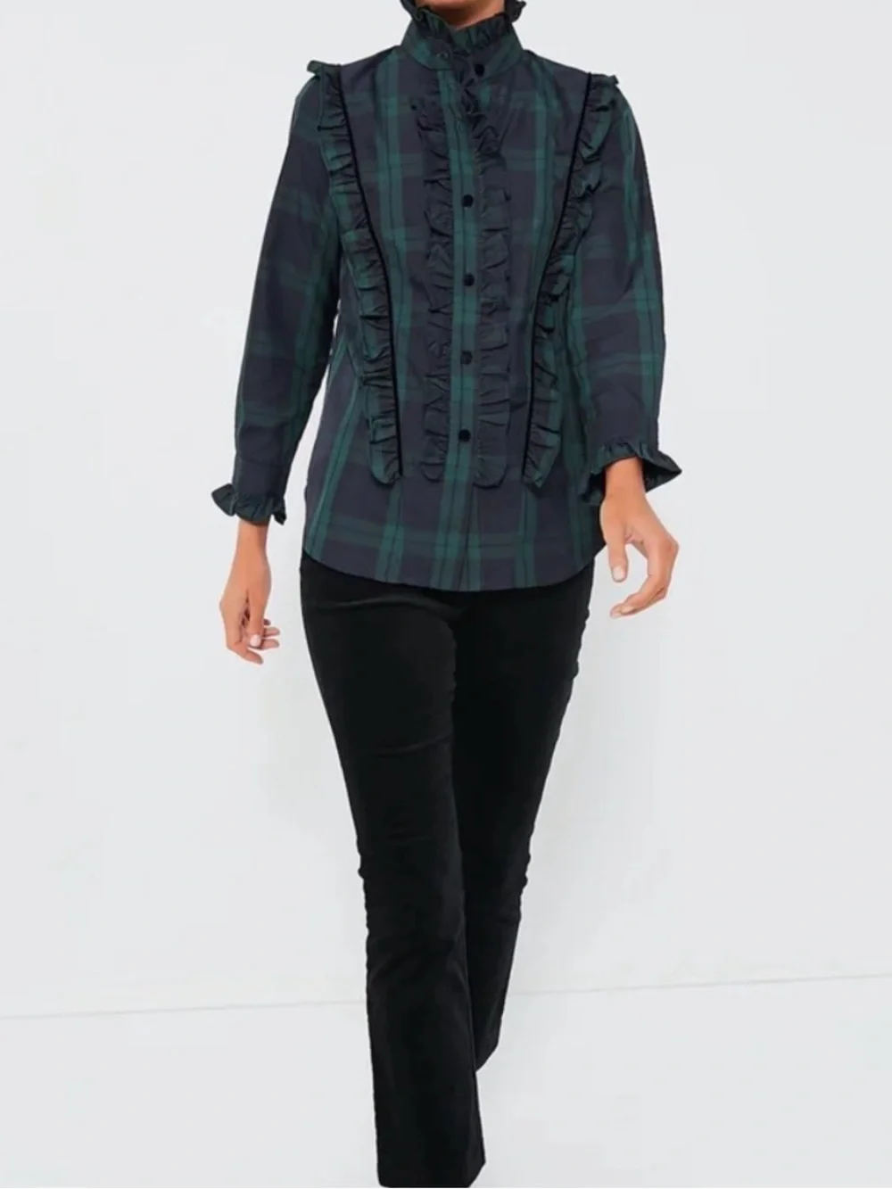 Tuckernuck Blackwatch Plaid Ruffle Reagan Button Down Medium Long Sleeve NWT